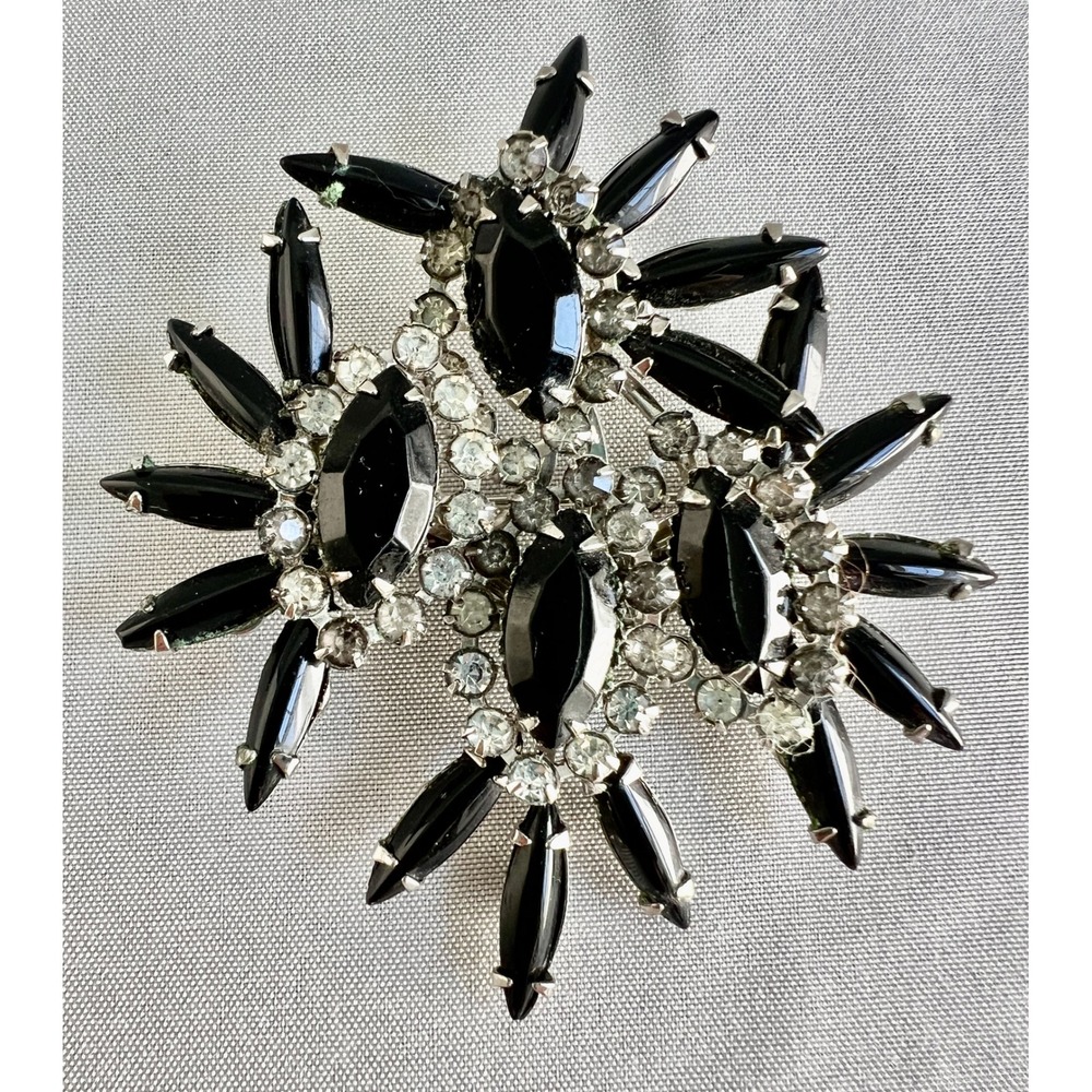 Vintage Black Navette Clear Rhinestone Starburst Brooch Silver Tone 2.5"